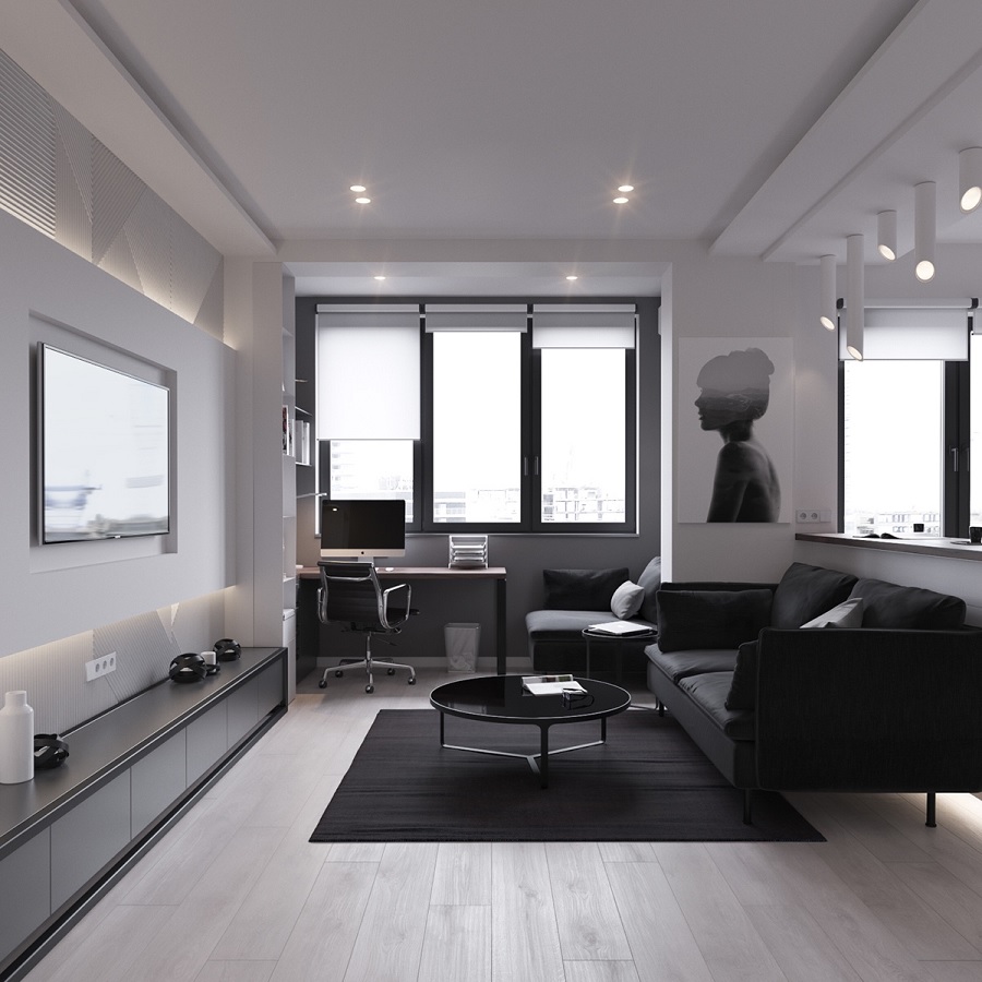 Mẫu phòng khách căn hộ chung cư 50m2 thiết kế theo phong cách hiện đại với tone màu xám đen là chủ đạo