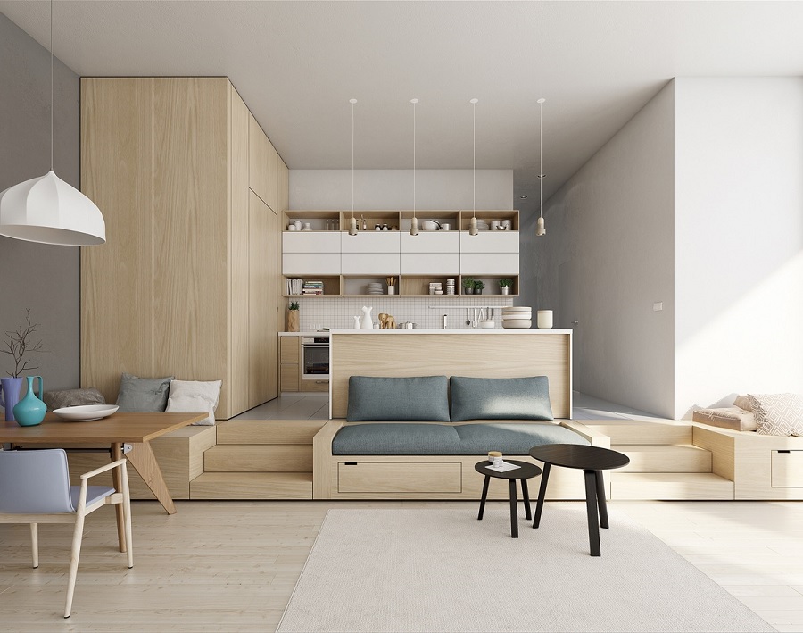 Mẫu nội thất phòng khách liền bếp tối giản giúp tối ưu diện tích cho căn hộ 50m2