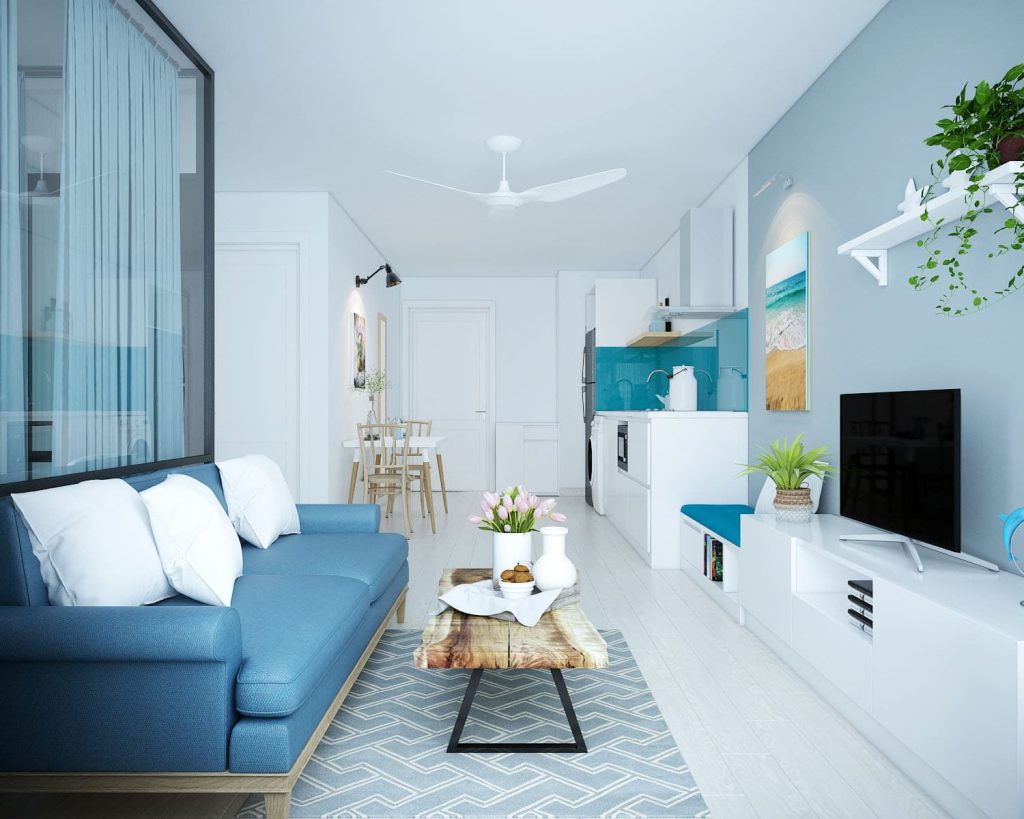 Mẫu thiết kế nội thất phòng khách chung cư 70m2 tone màu xanh dương