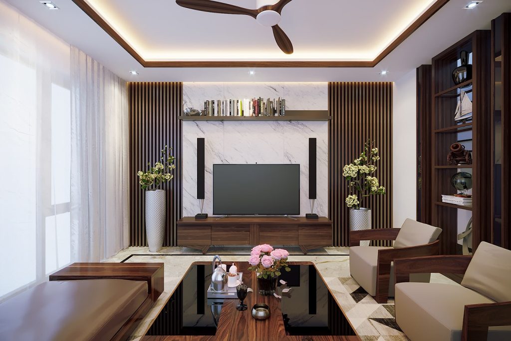 Mẫu thiết kế có không gian phòng khách sang trọng khi sử dụng nhiều đồ nội thất bằng gỗ cao cấp
