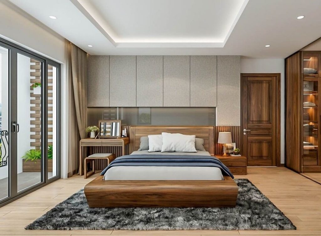 Chất liệu gỗ cũng được sử dụng trong hầu hết các thiết kế phòng ngủ căn hộ