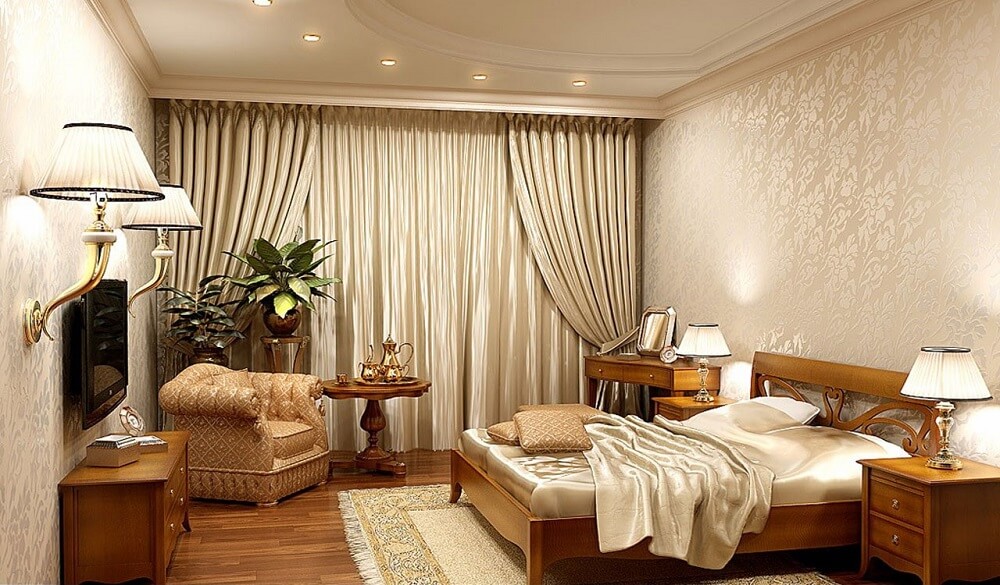 Phòng ngủ chung cư 70m2 thiết kế theo phong cách Châu Âu thường sử dụng đồ nội thất bằng gỗ cao cấp
