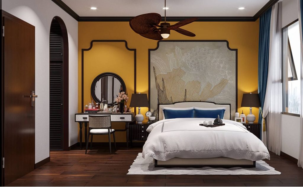 Phòng ngủ căn hộ chung cư 70m2 mang phong cách Đông Dương đầy tinh tế