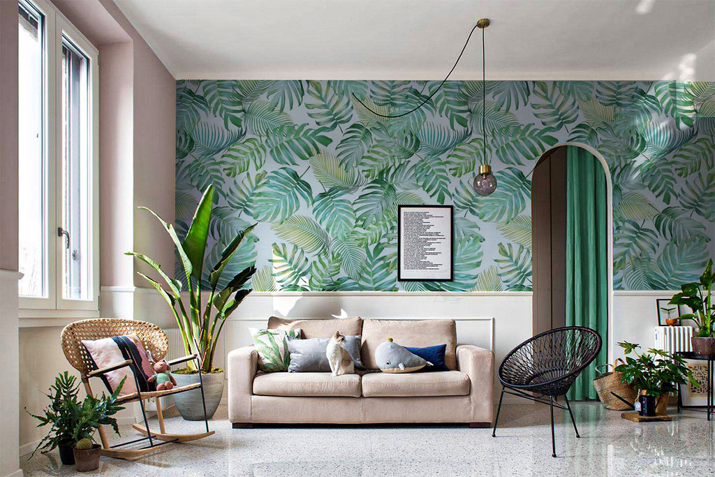 Phòng khách chung cư 70m2 phong cách Tropical với màu xanh lá tươi mát