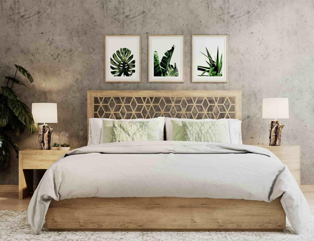 Phòng ngủ phong cách Tropical thường sử dụng họa tiết trang trí lá cọ