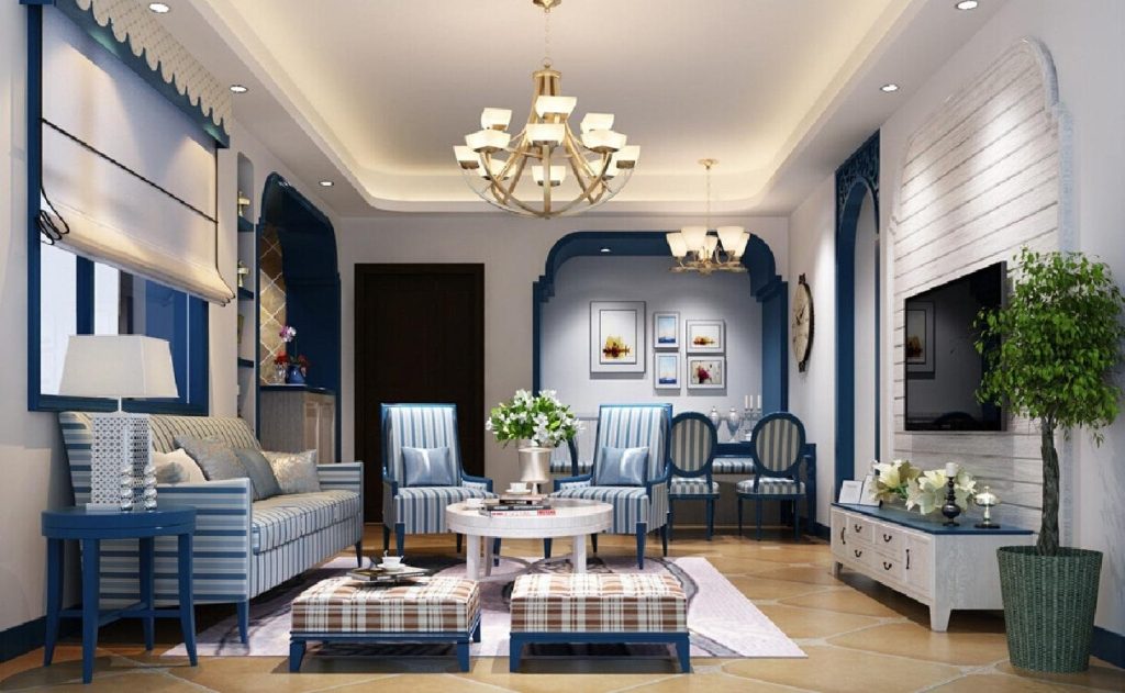 Mẫu phòng khách căn hộ chung cư 70m2 thiết kế theo phong cách Địa Trung Hải