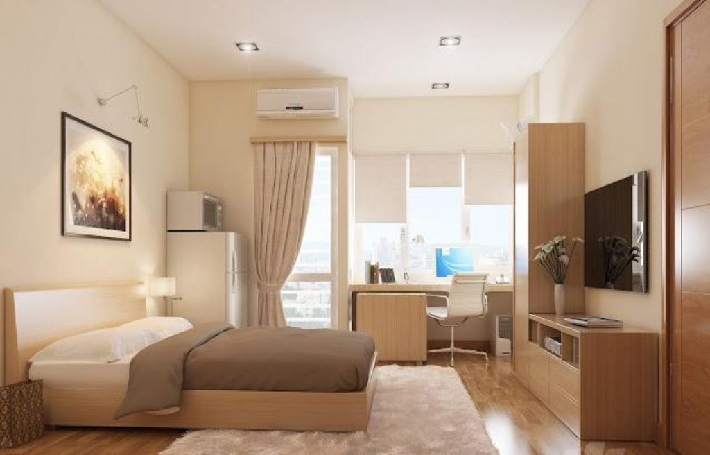 Phòng ngủ chung cư 70m2 hiện đại thường tích hợp thêm bàn làm việc để tối ưu không gian