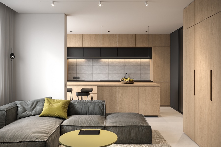 Phòng khách liền bếp là một trong giải pháp giúp tiết kiệm không gian cho căn hộ chung cư nhỏ