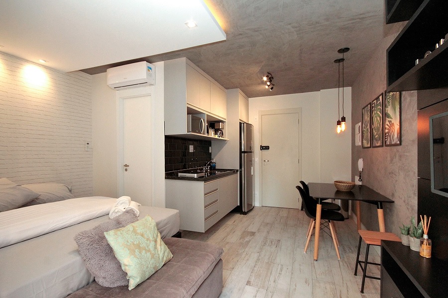 Mẫu thiết kế chung cư 20m2 tích hợp phòng bếp - phòng khách và phòng ngủ