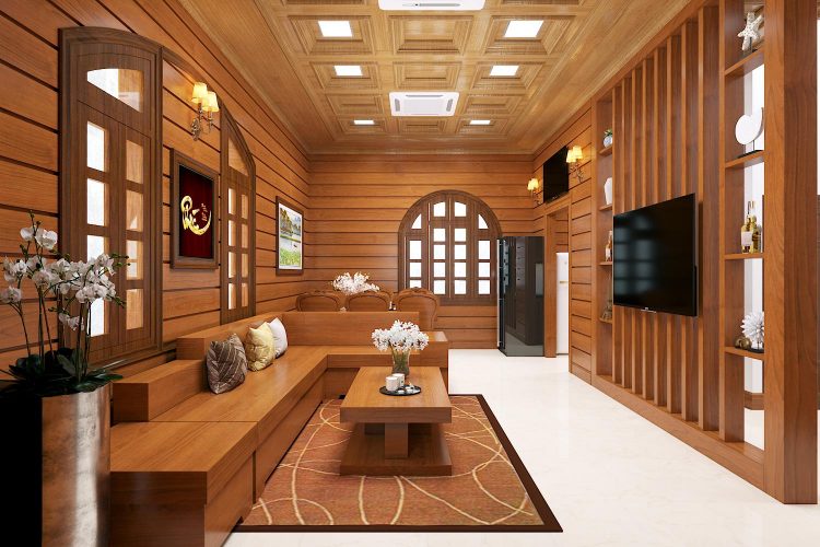 Mẫu thiết kế nội thất phòng khách bằng gỗ tự nhiên do Lạc Gia thi công
