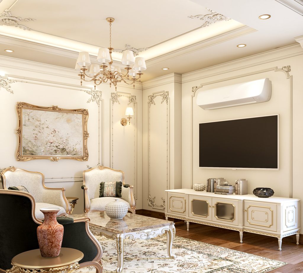 Mẫu phòng khách này được thiết kế với tone chủ đạo là màu trắng nhã nhặn mà tinh tế