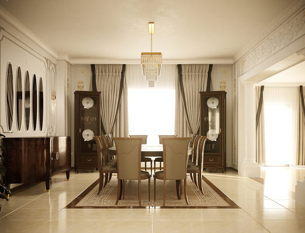 Phòng ăn được thiết kế với tone màu nâu ấm kết hợp với ánh sáng vàng mang đến nét đẹp hoài cổ 
