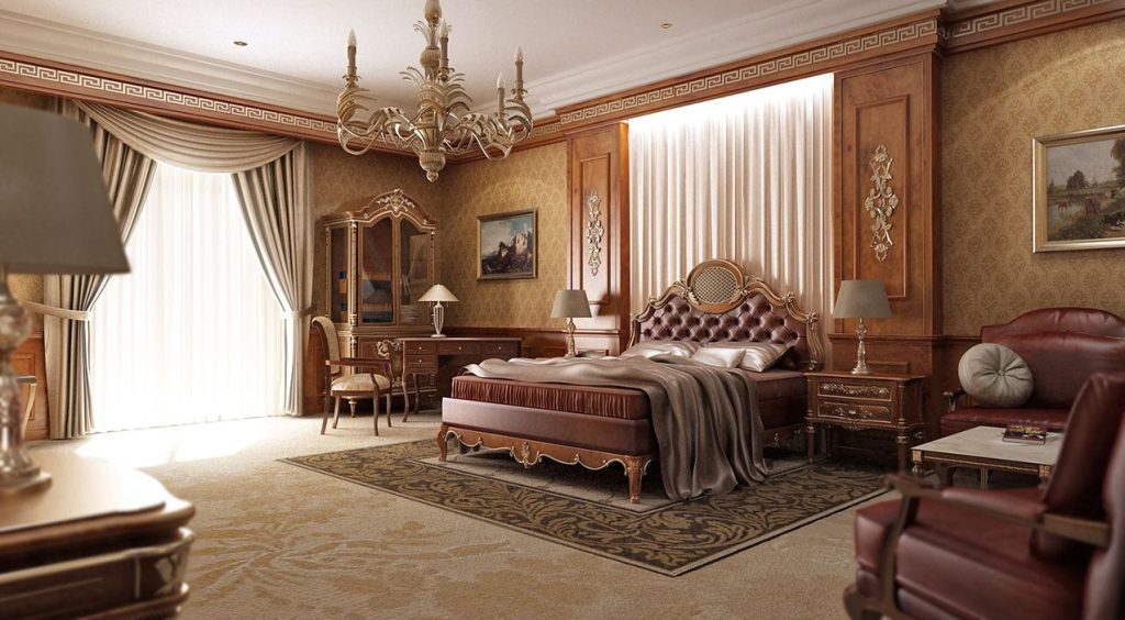 Phòng ngủ biệt thự cổ điển thiết kế rộng rãi với đồ nội thất bằng gỗ và da mang đến không gian xa hoa cho cả căn phòng