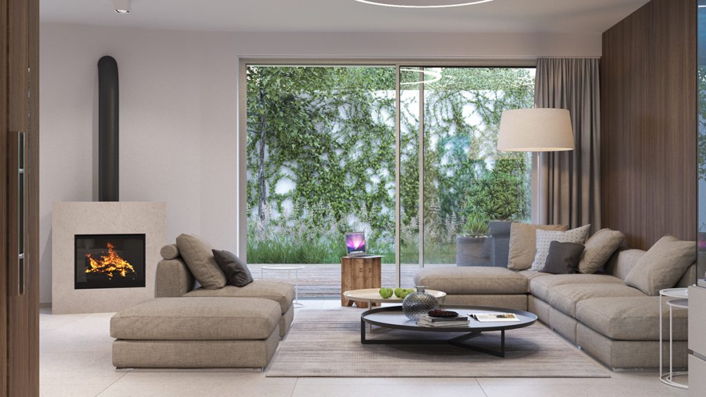 Mẫu phòng khách biệt thự này sử dụng món đồ nội thất với hình khối, màu sắc đơn giản, giúp tối ưu không gian trống trong căn phòng