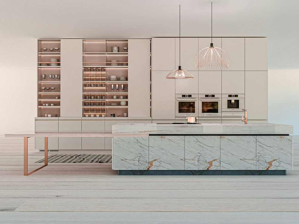 Phòng bếp biệt thự tối giản được thiết kế với tone màu chủ đạo là màu xám. Đây là gam màu trung tính giúp mang đến sự tinh tế và sang trọng cho không gian.