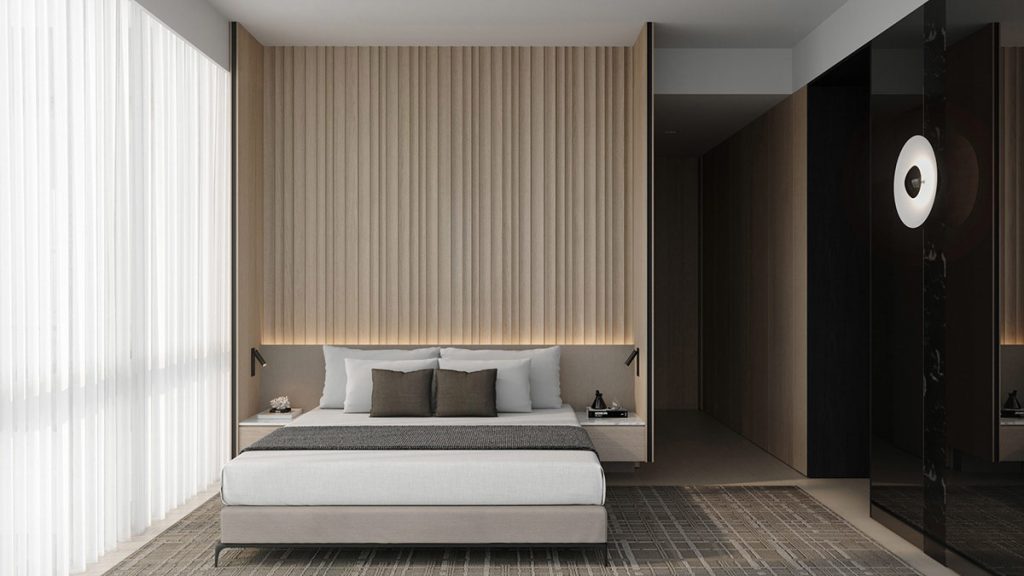 Phòng ngủ biệt thự phong cách tối giản cũng chú trọng đến việc sử dụng ánh sáng tự nhiên để mang đến không gian sống thông thoáng và tươi mới cho căn phòng