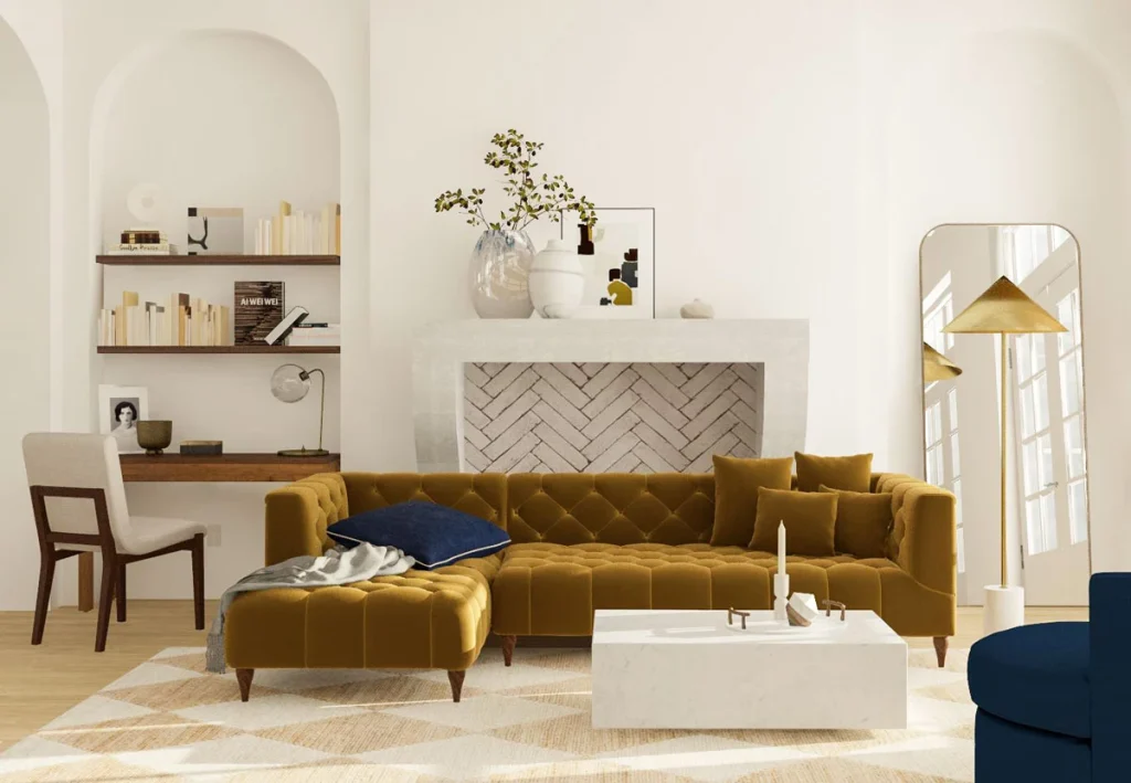 Sử dụng nội thất bằng chất liệu nhung sẽ mang đến không gian sang trọng và ấm cúng cho phòng khách của gia đình bạn