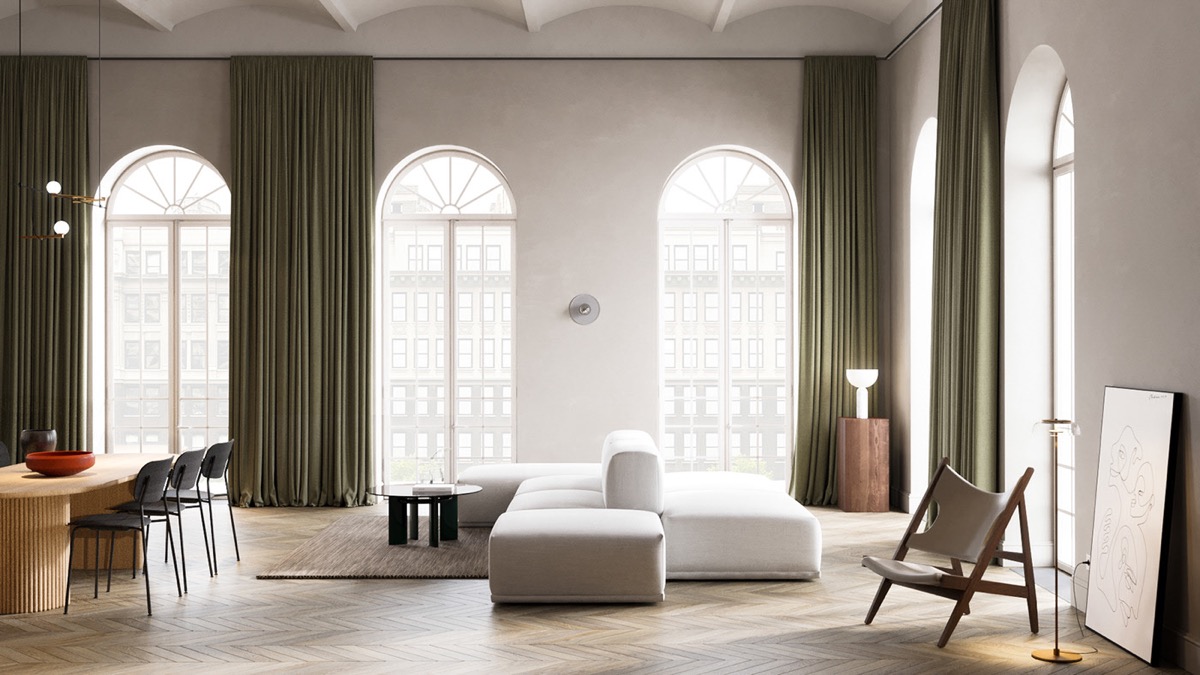 Cửa sổ với góc bo tròn làm cho phòng khách nhỏ mang màu sắc cổ kính và sang trọng hơn