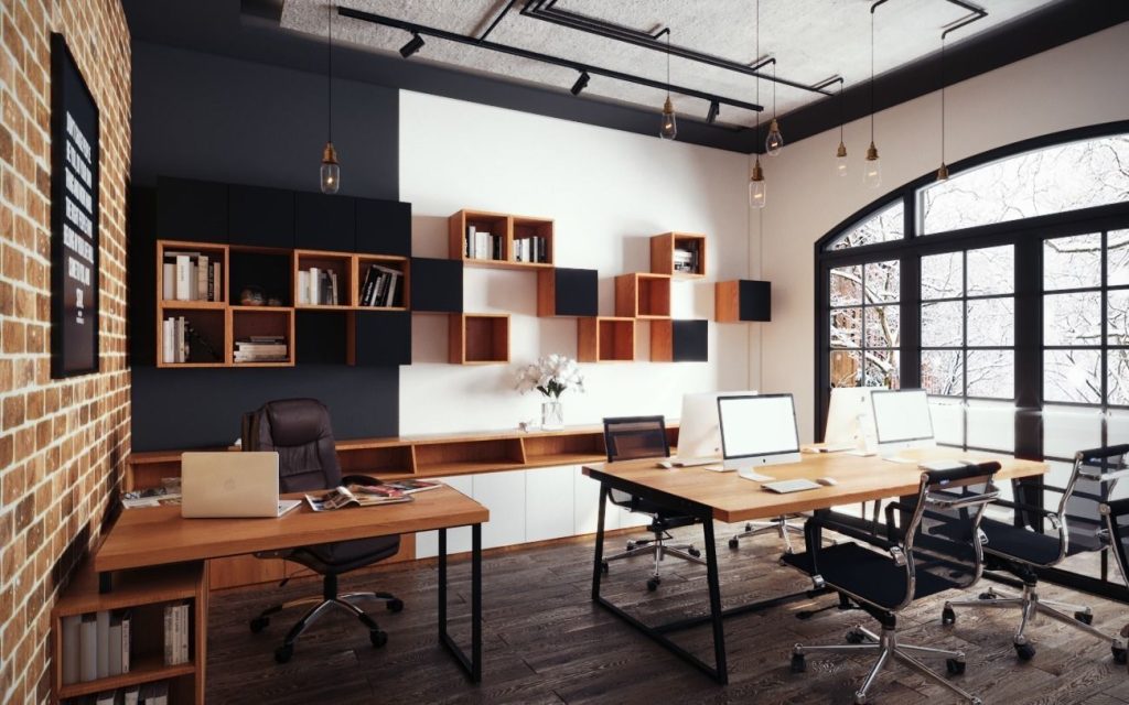 Văn phòng 20m2 thiết kế theo phong cách “Công nghiệp” thường ưu tiên sử dụng các tone màu tối như đen, xám