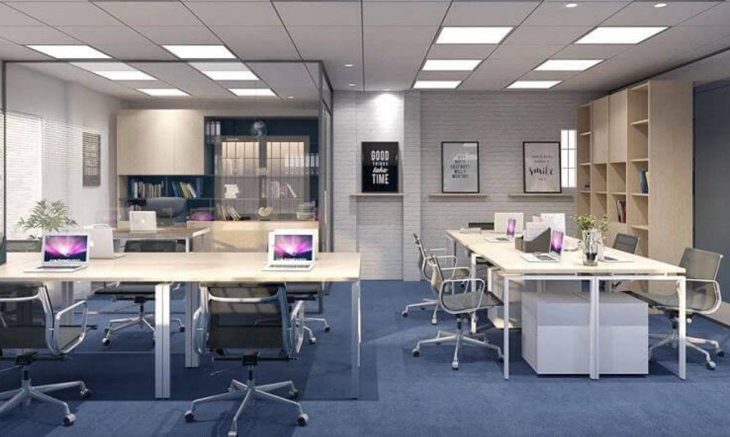 Mẫu văn phòng 25m2 có sử dụng vách ngăn để phân chia không gian làm việc của giám đốc và nhân viên 