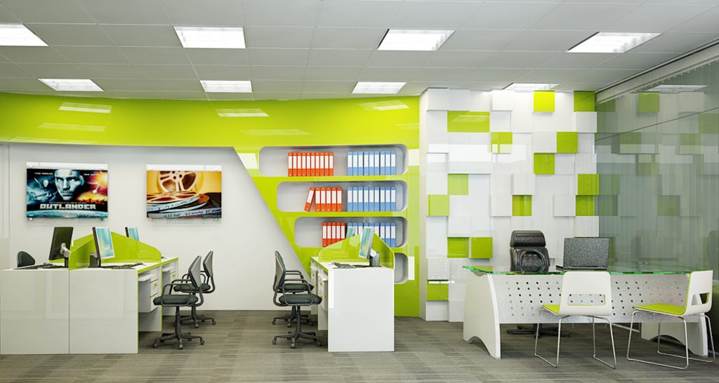 Văn phòng 30m2 thiết kế theo phong cách trẻ trung thường sử dụng tone màu sáng, mang năng lượng tươi mới như xanh cốm, cam