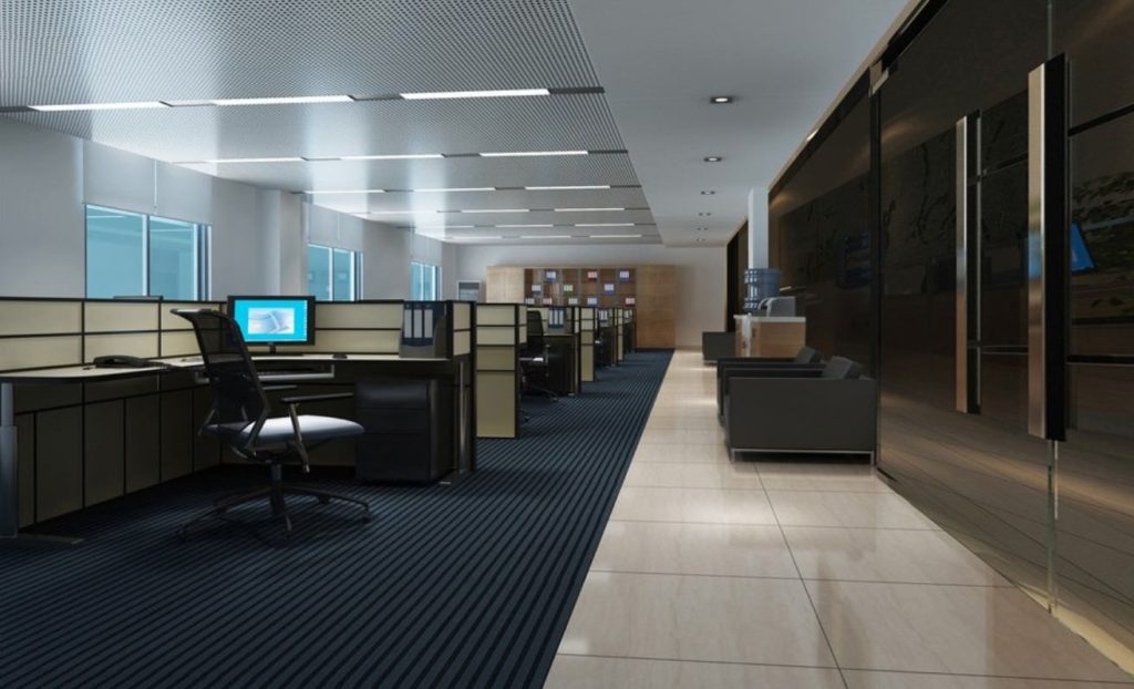Văn phòng 40m2 phong cách tối giản được thiết kế với tone màu chủ đạo là màu đen sang trọng mà tinh tế. Bàn làm việc được sắp xếp thẳng hàng mang đến sự ngăn nắp cho không gian đồng thời tạo ra lối đi rộng rãi và thông thoáng.