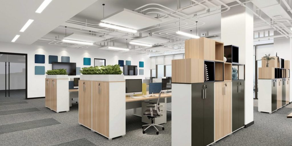 Thay vì sử dụng vách ngăn là các bức tường thô cứng, một số văn phòng 40m2 hiện đại đã sử dụng kệ gỗ để ngăn cách không gian làm việc và mang đến sự riêng tư cho nhân viên