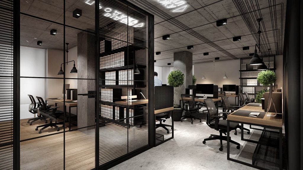 Văn phòng 40m2 kiểu industrial thường có tone màu chủ đạo là màu đen, kết hợp với xám và trắng mang đến sự mạnh mẽ và có tính nghệ thuật cao.