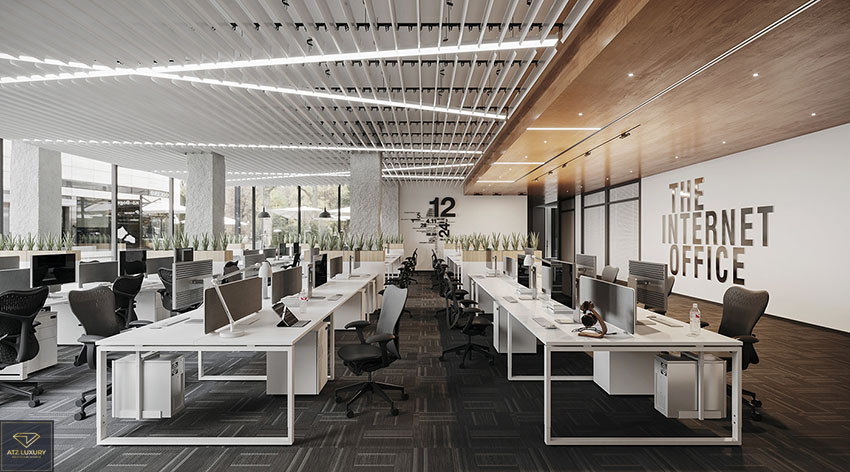 Mẫu văn phòng 40m2 này được thiết kế với không gian xanh. Sắc xanh mướt của cây mang đến một không gian dịu mát và thư giãn